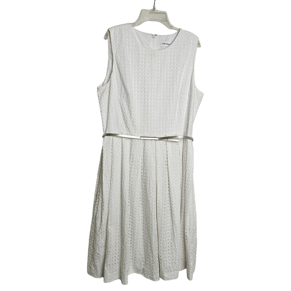 Calvin Klein Women's Sleeveless Fit & Flare  White Eyelet Midi Dress Size 12
